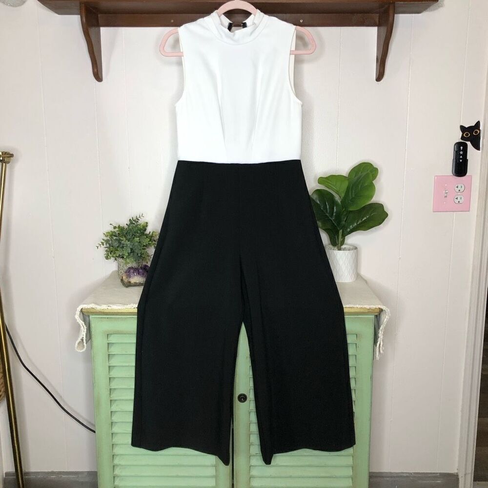Rachel Roy Womens Colorblock Sleeveless Mock Neck Crop Jumpsuit Black White Sz 2